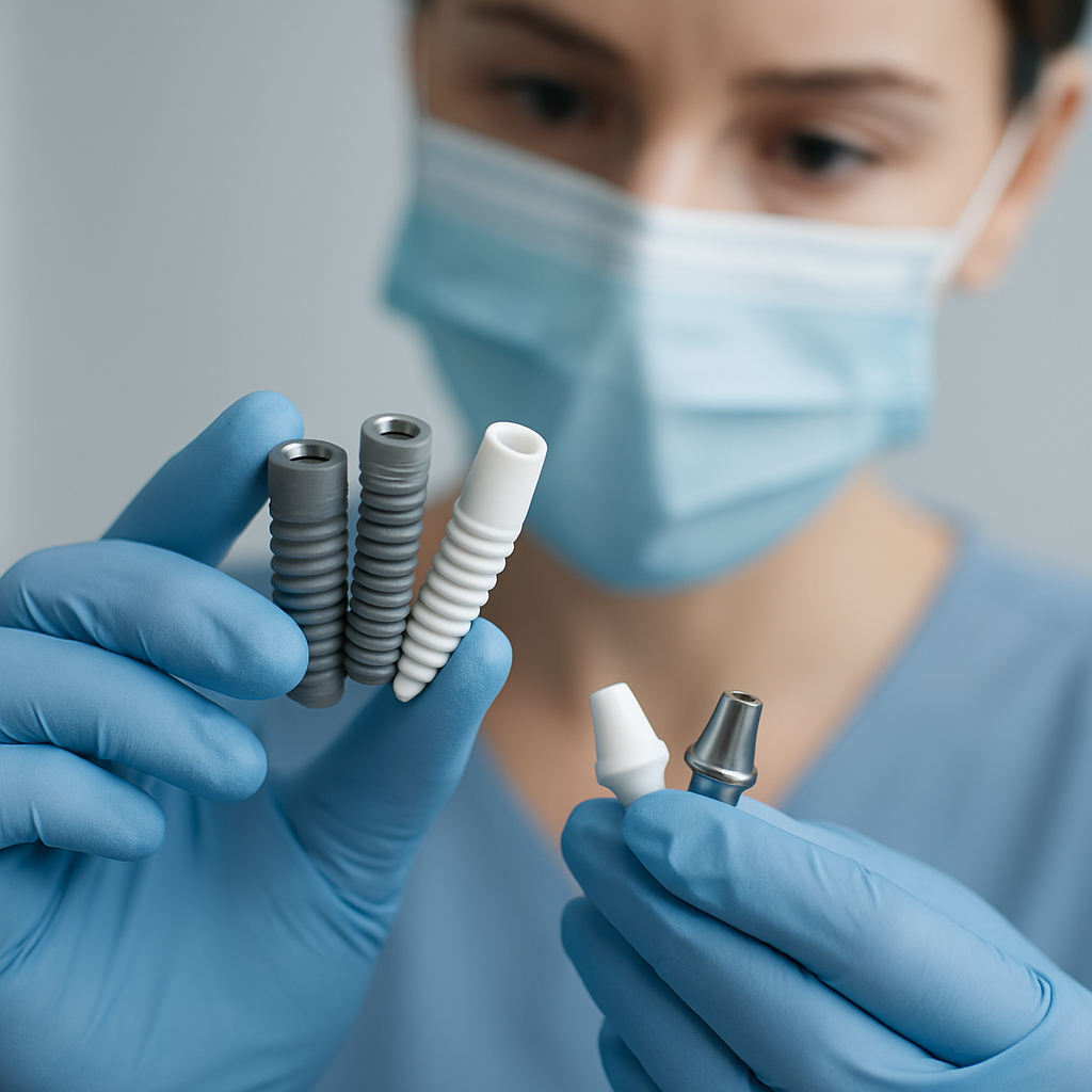 Close up image of a dental professional holding and carefully examining an assortment of dental implant materials, including titanium and zirconia options. No text on image.