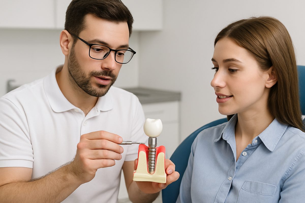 Image of a dentist explaining the parts of a dental implant to a patient using a 3D model, pointing out the implant post, abutment, and crown. No text on the image.