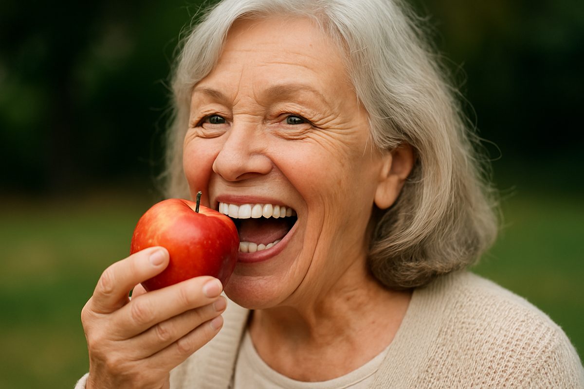 Photo of a smiling senior woman happily eating an apple, showcasing the functionality of her new full dental implants. No text on image.