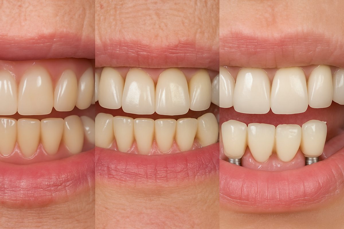 Image comparing three types of dental fake teeth: dentures, bridges, and implants. The image should have split sections, each showcasing a close-up of the restoration in a patient's mouth, highlighting the differences in appearance and fit. No text on image.