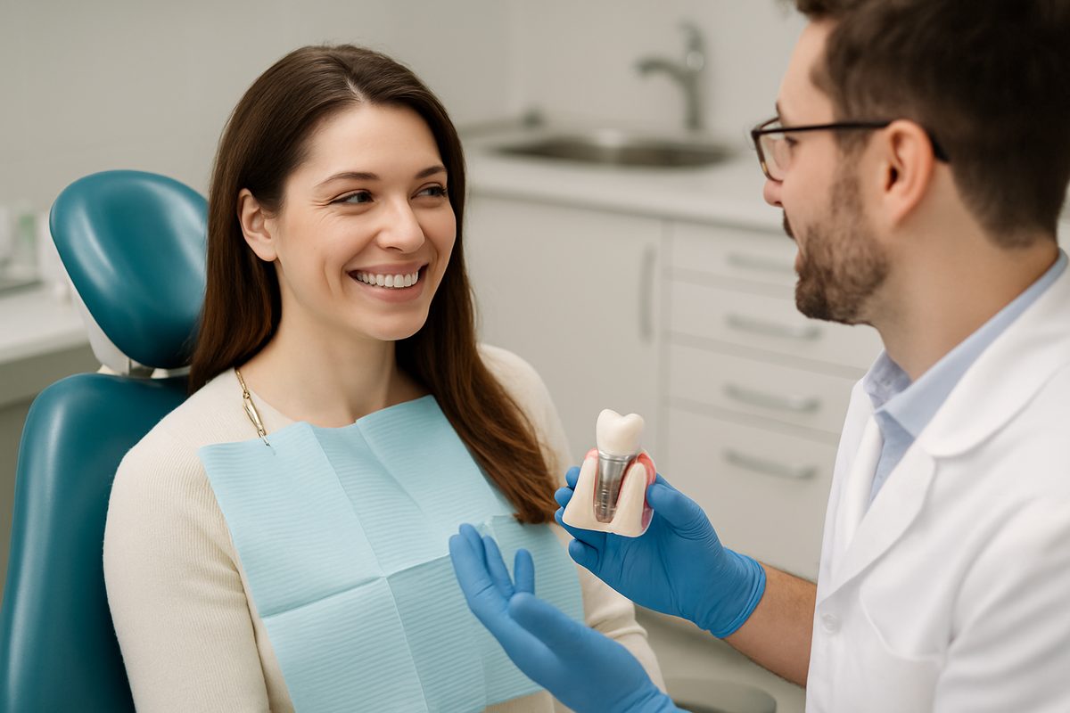 A smiling woman in a dental chair is talking with her dentist about "dental implants near me". No text on the image.