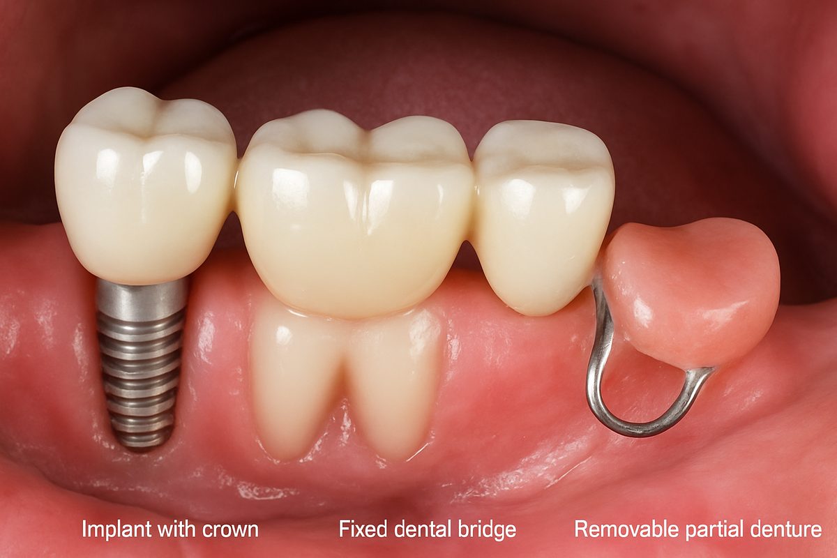 Photo depicting three options for replacing missing molars. The first molar is an implant with a crown, the second molar is a fixed dental bridge, and the third molar is a removable partial denture. No text on the image.
