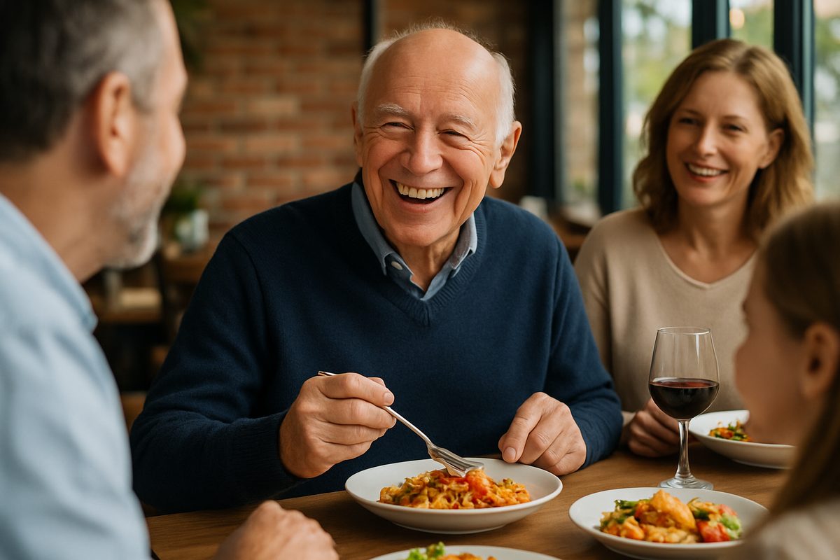 Smiling senior man with all-on-4 dental implants, enjoying a meal with his family at a restaurant, showcasing restored confidence and lifestyle. No text on image.