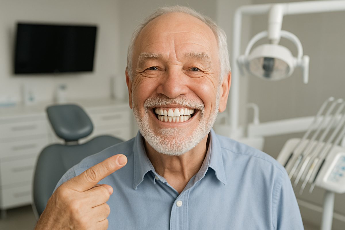 A smiling senior man is happily showing off his new dental implants, with a modern dental office visible in the background. No text on the image.