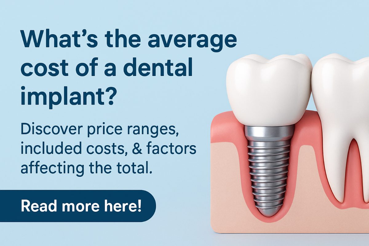 A close up of a dentist consulting with a patient. The dentist is pointing to a 3D scan of the patient's mouth, indicating where a dental implant could be placed. No text on image.
