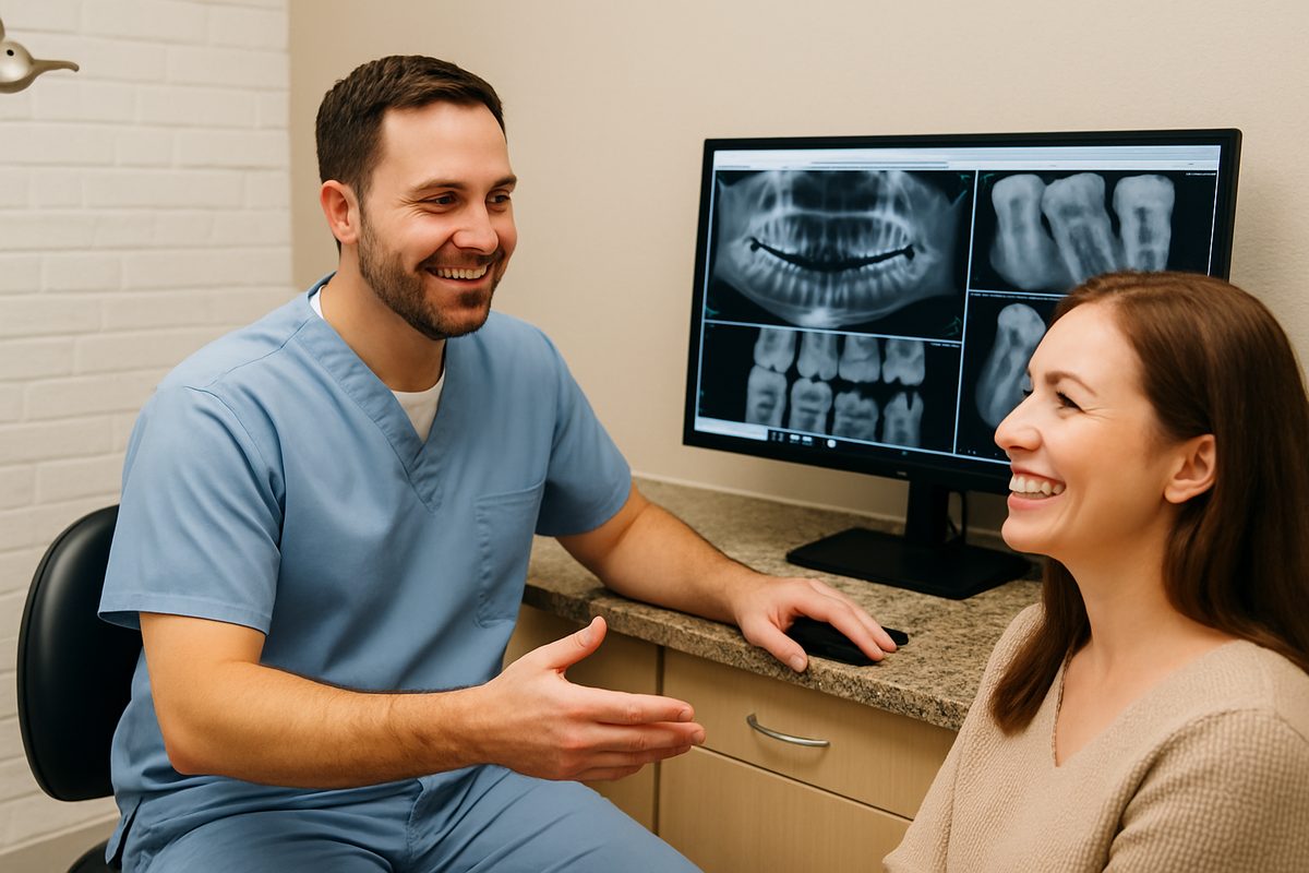 A friendly dentist in New Braunfels, TX, is consulting with a smiling patient, using digital X-rays displayed on a screen to explain treatment options. No text on the image.