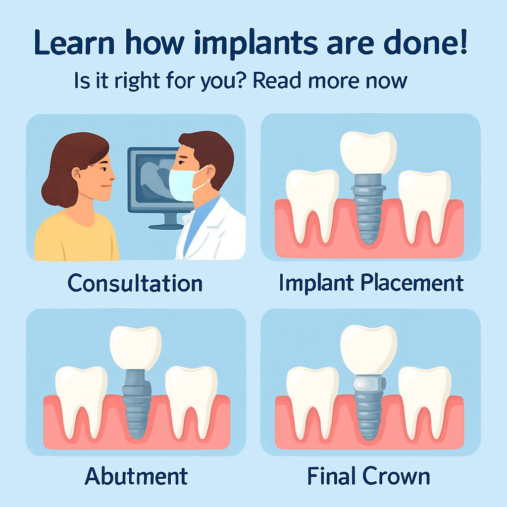 A step-by-step infographic on how dental implants are placed, from initial consultation and implant placement to abutment placement and final crown placement. No text on the image.