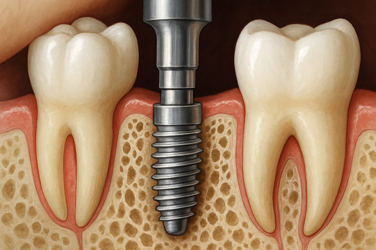 A close-up of a dental implant being placed into a patient's jaw, showing the titanium post integrating with the bone. No text on the image.