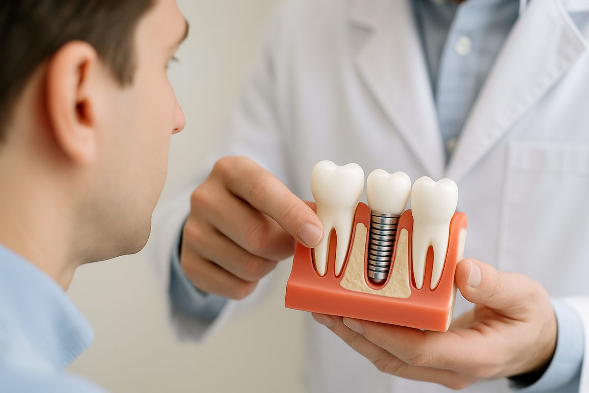 Image of a close up of dental implants in a jaw, with a dentist pointing to the implant and explaining its permanence to a patient. No text on image.