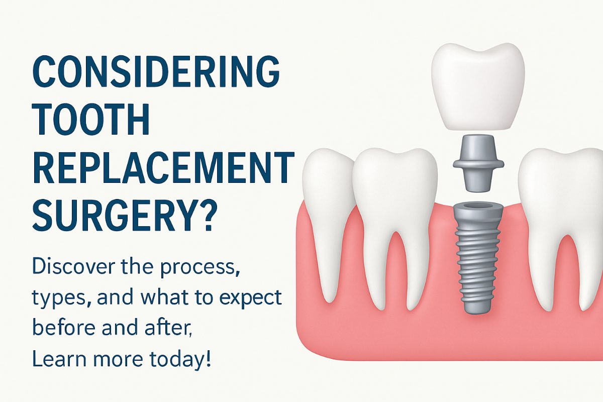 Photo of a dentist in scrubs explaining tooth replacement surgery options to a patient in a dental chair, using a digital x-ray as a visual aid. No text on the image.