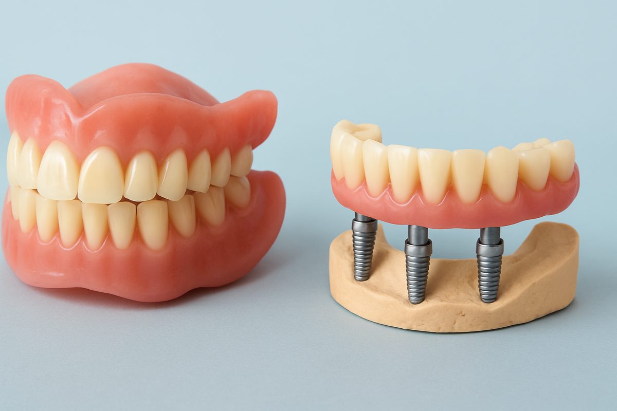 Image comparing traditional dentures to implant-supported dentures. The image should highlight the stability and smaller size of implant-supported dentures. No text on image.
