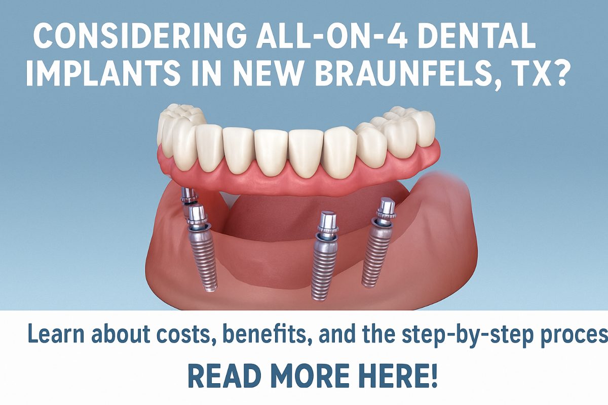 A smiling senior man is sitting in a dental chair, as a dentist points to his new set of All-on-4 dental implants. The text on the image says "Same Day New Teeth."