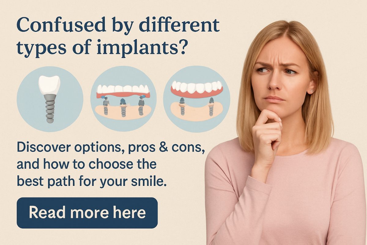 Image showcasing a side-by-side comparison of different types of dental implants, including endosteal, subperiosteal, and mini implants, with diagrams highlighting their placement in the jaw. No text on the image.