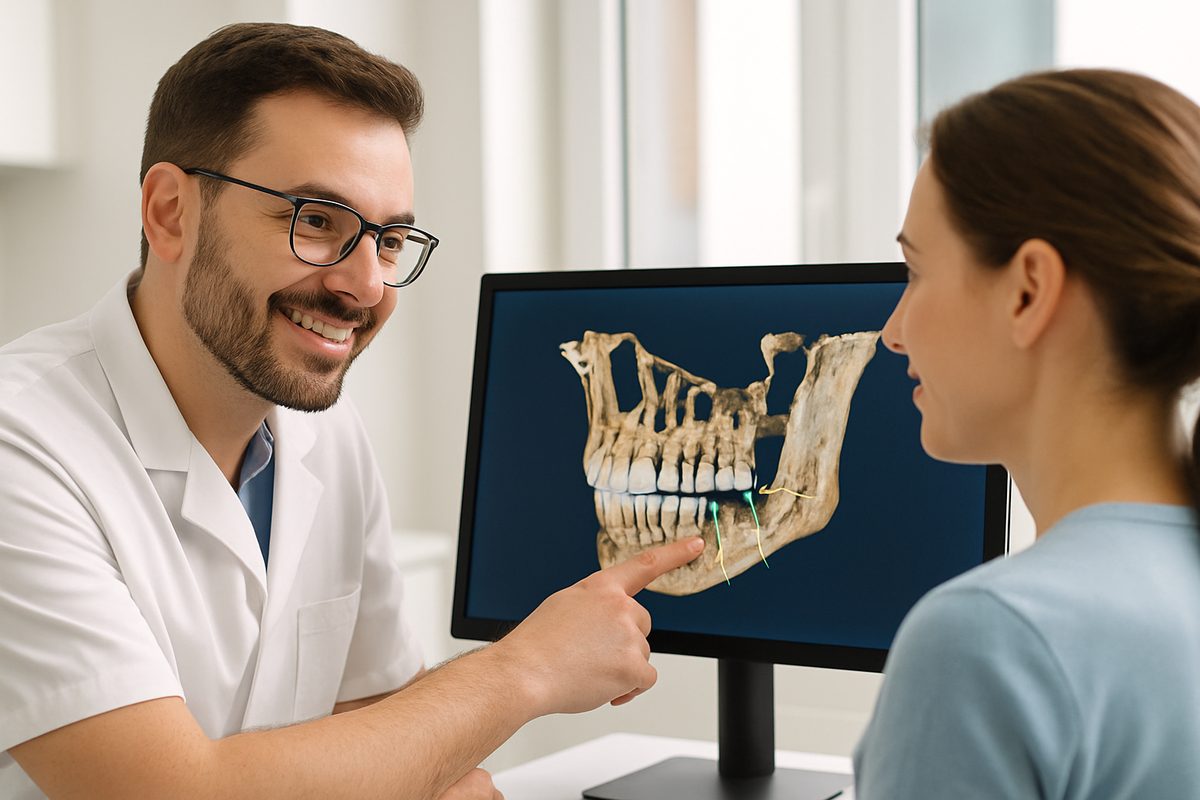 A friendly dentist is consulting with a patient, pointing to a detailed 3D scan of their jaw, showcasing the precise planning involved in dental implant procedures. No text on the image.