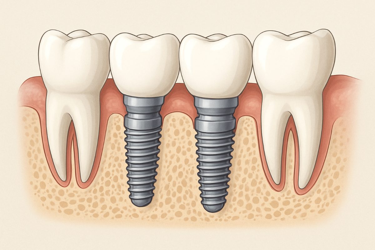 Image showing a step by step dental implants procedure with five distinct images. The first image is the implant being placed, the second osseointegration, the third the abutment, the fourth the digital impressions being taken, and the fifth the final restoration. No text on image.