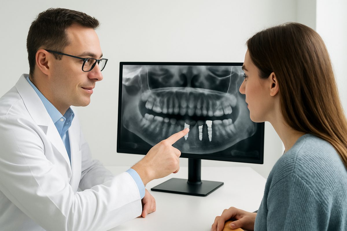 A dentist is consulting with a patient about local dental implants. The dentist is pointing to a digital scan of the patient's jaw, highlighting the implant placement area. No text on the image.