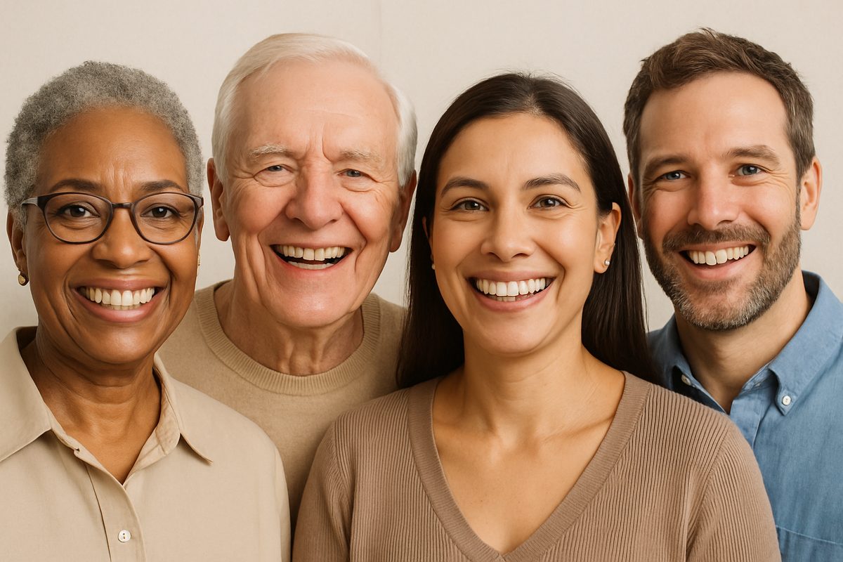 A diverse group of people smiling, showcasing different "replacements for missing teeth", including dentures, bridges, and implants. No text on image.