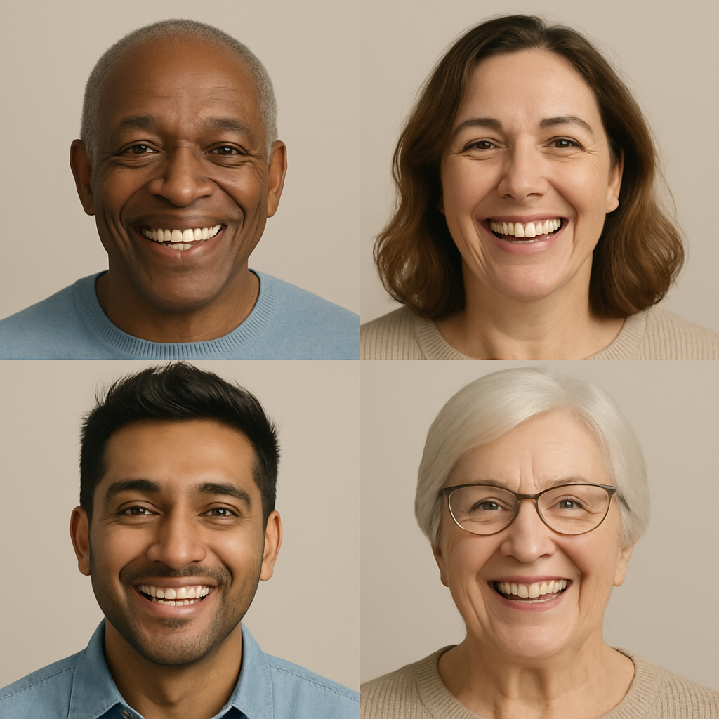A diverse group of people smiling, showcasing various tooth implant options such as single implants, bridges, and dentures. No text on the image.