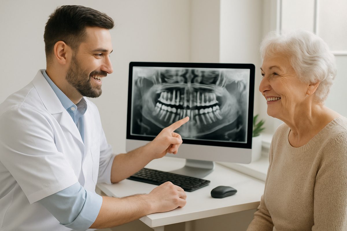 Image of a dentist smiling and pointing to a digital x-ray on a computer screen, consulting with a patient about dental full mouth implants. The patient is an elderly woman, smiling. No text on image.