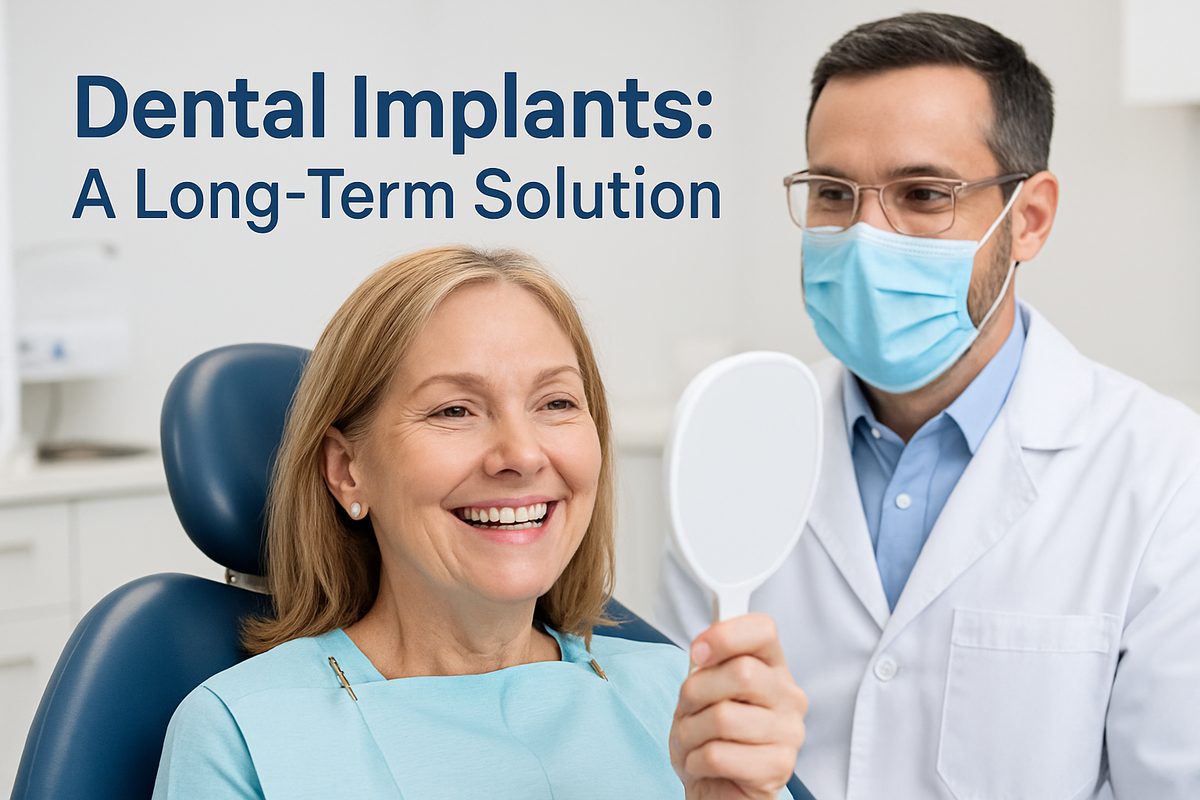 Image of a smiling middle-aged woman in a dental chair, admiring her new dental implants in a mirror, with a dentist standing beside her. The text on the image says "Dental Implants: A Long-Term Solution"