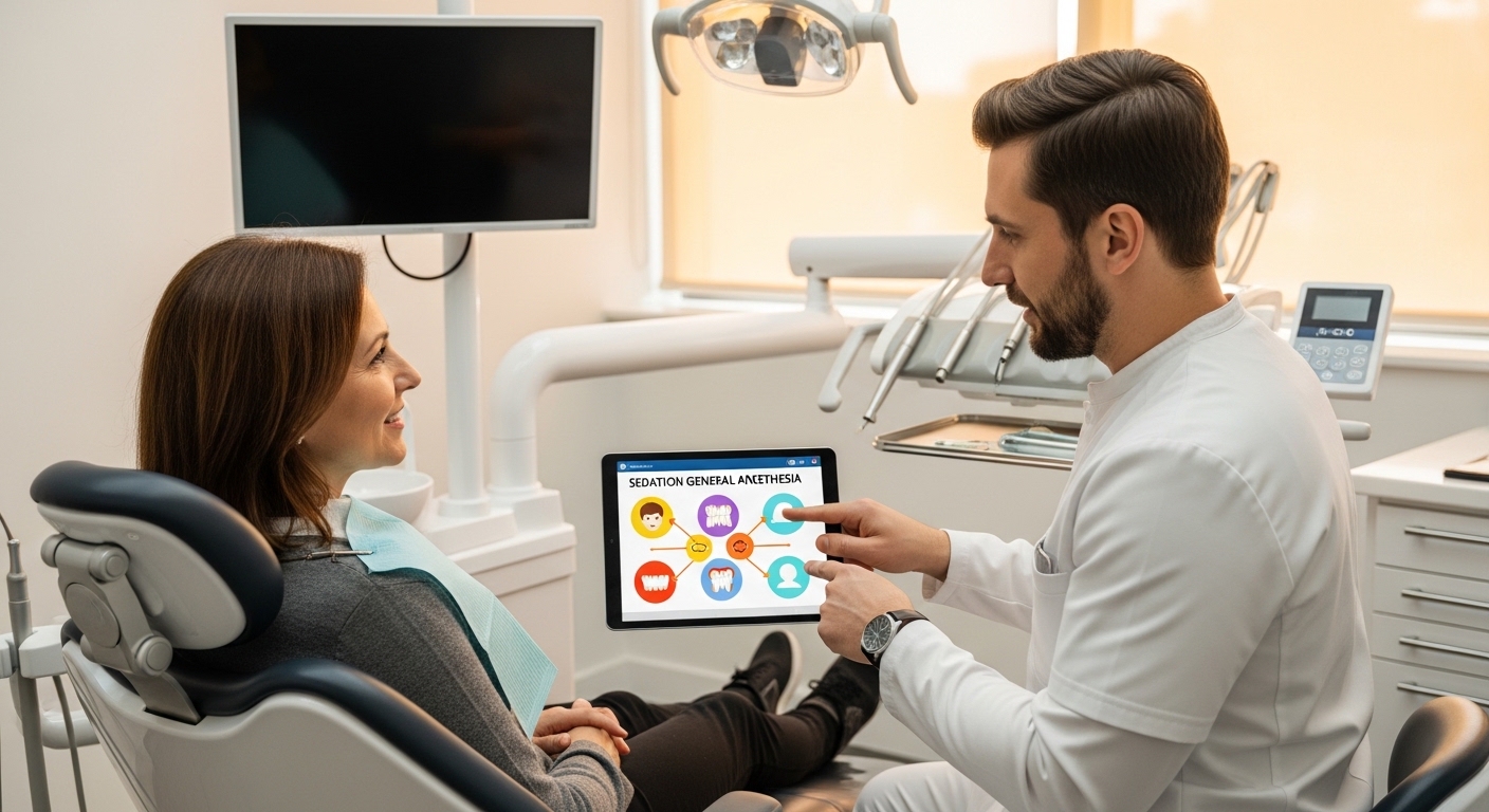 Patient discussing anesthesia options with a dentist in a modern dental office