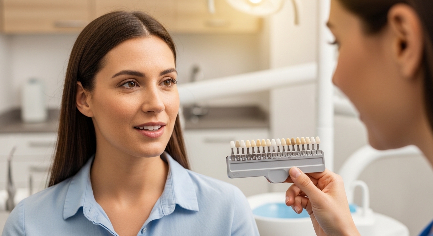 Dentist discussing whitening options with a patient in a modern office