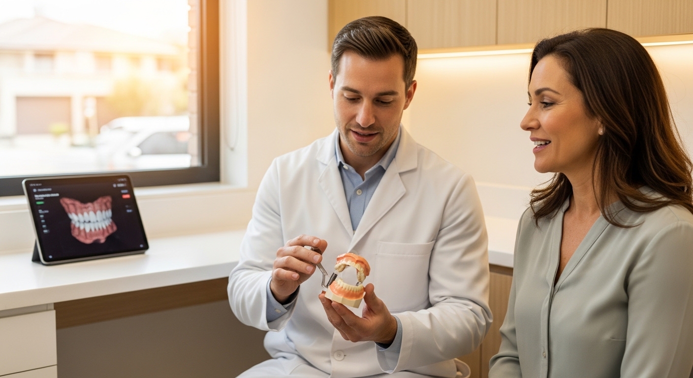 Dentist consulting a patient about full arch dental implants in a modern clinic
