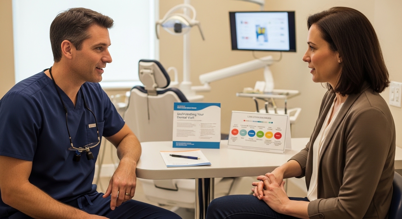 Dentist consulting a patient about anesthesia and sedation options in a modern dental office