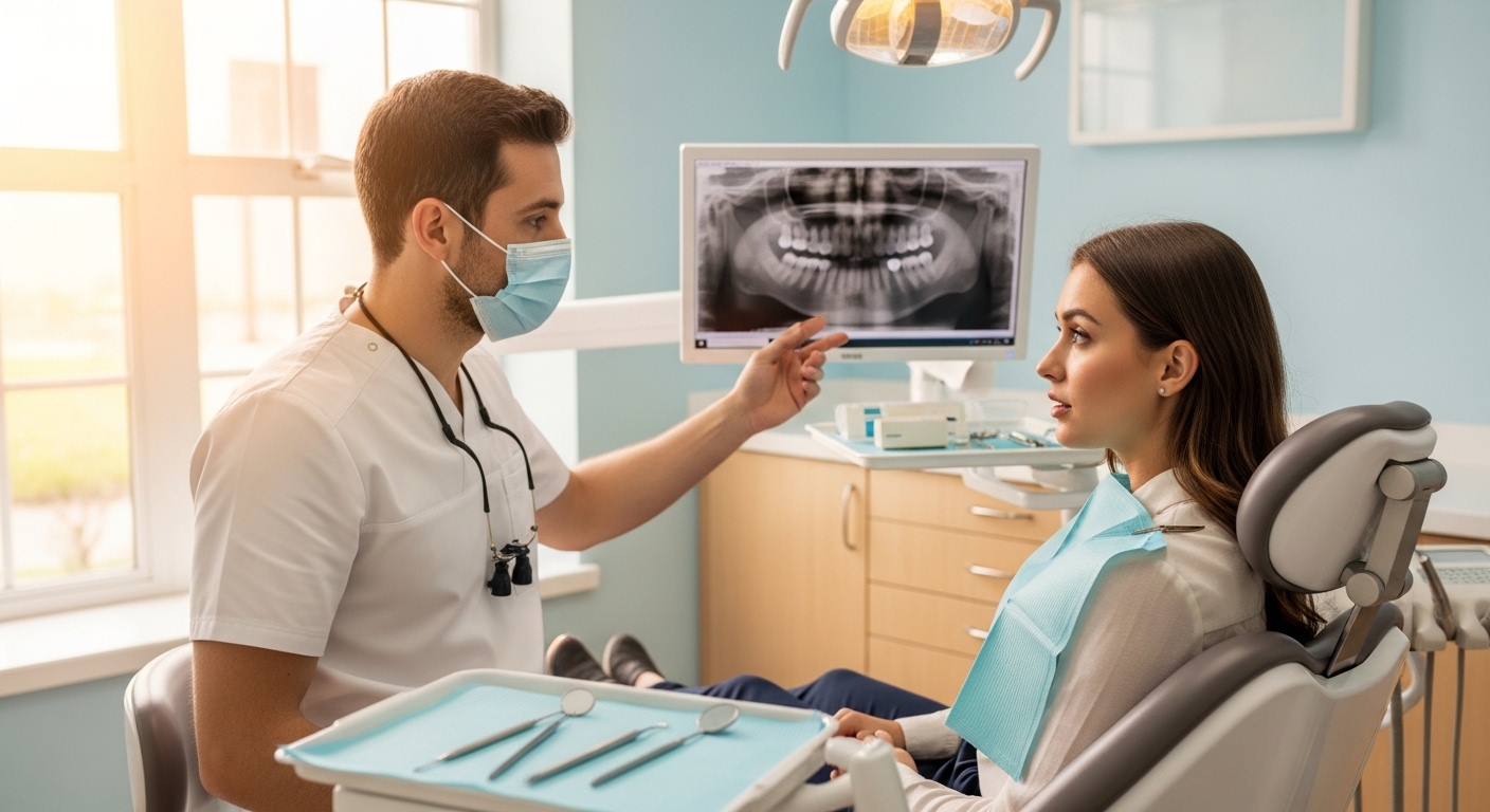 Dentist consulting with patient about chipped tooth repair options in modern office