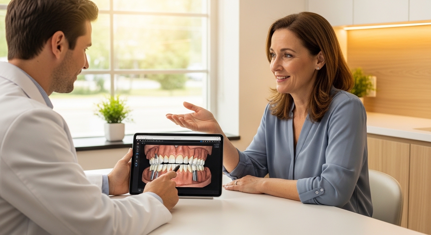 Dentist explaining full mouth dental implants procedure to a patient