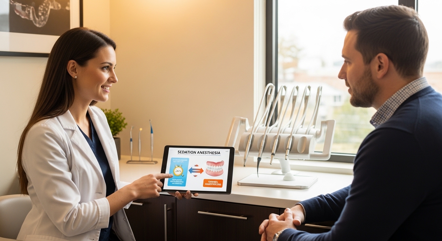 Dentist consulting with a patient about anesthesia options in a modern dental office