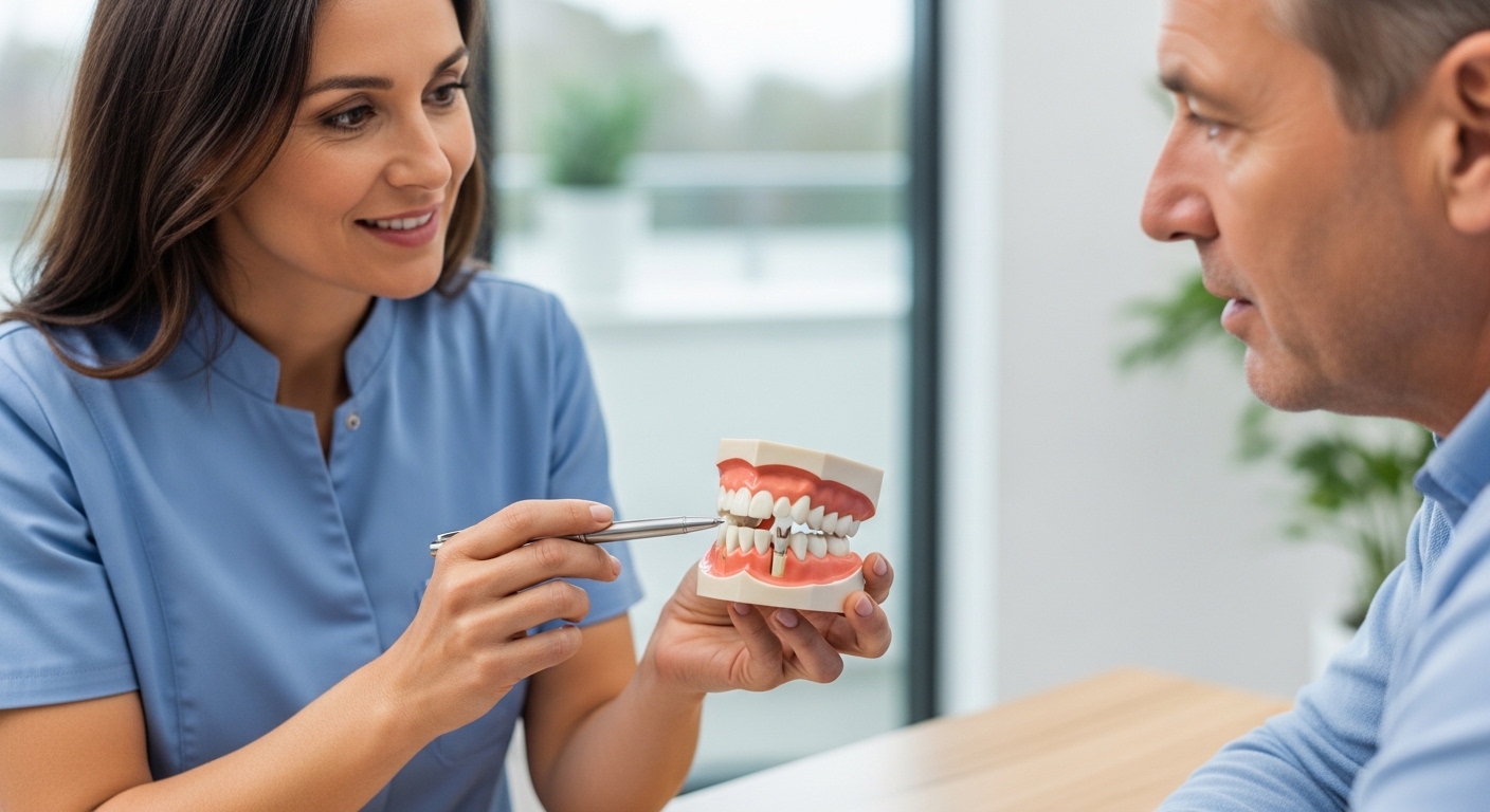 Dentist showing dental bridge model to a patient in an office