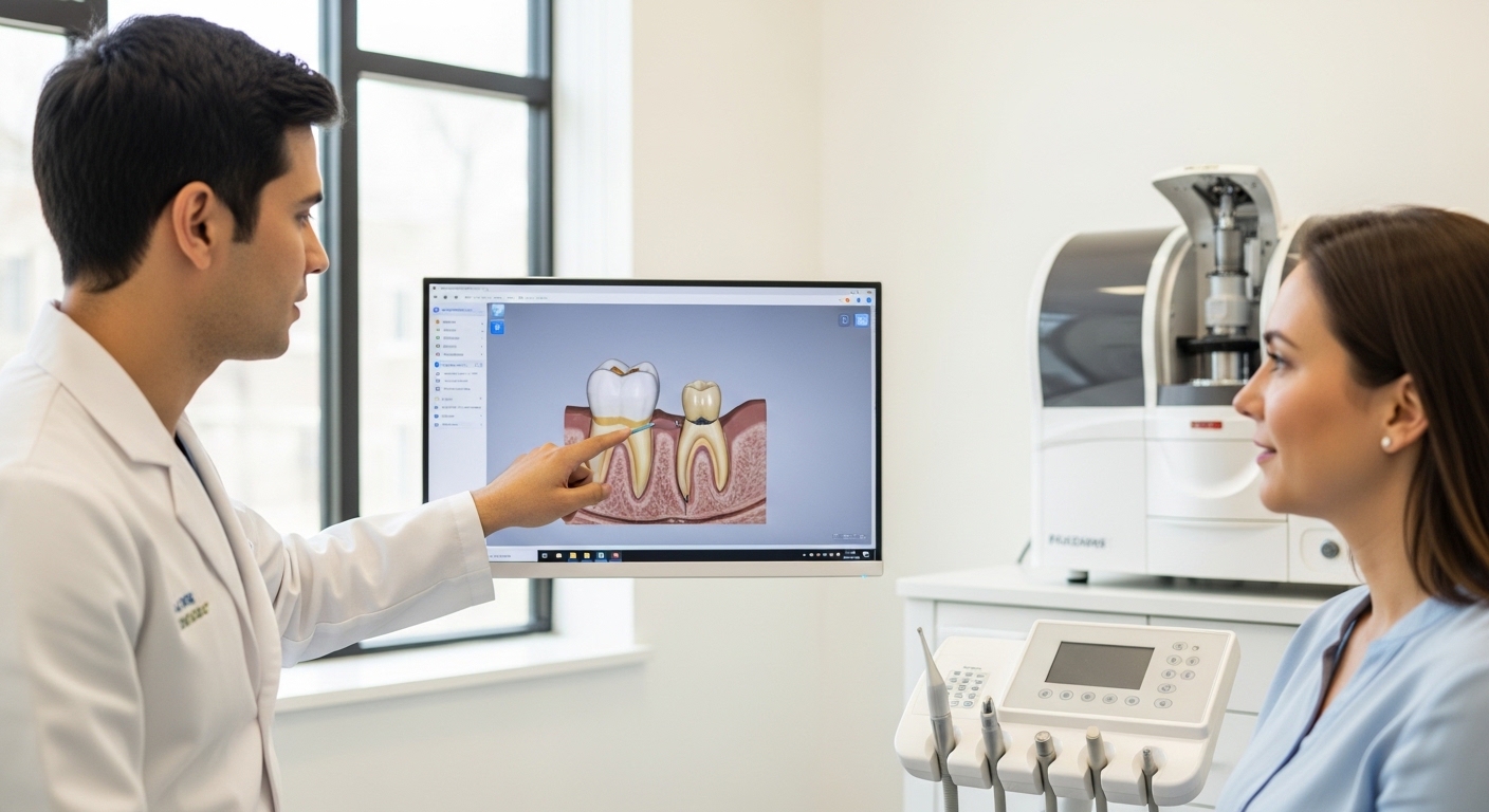 Patient consults with dentist about same day dental crowns