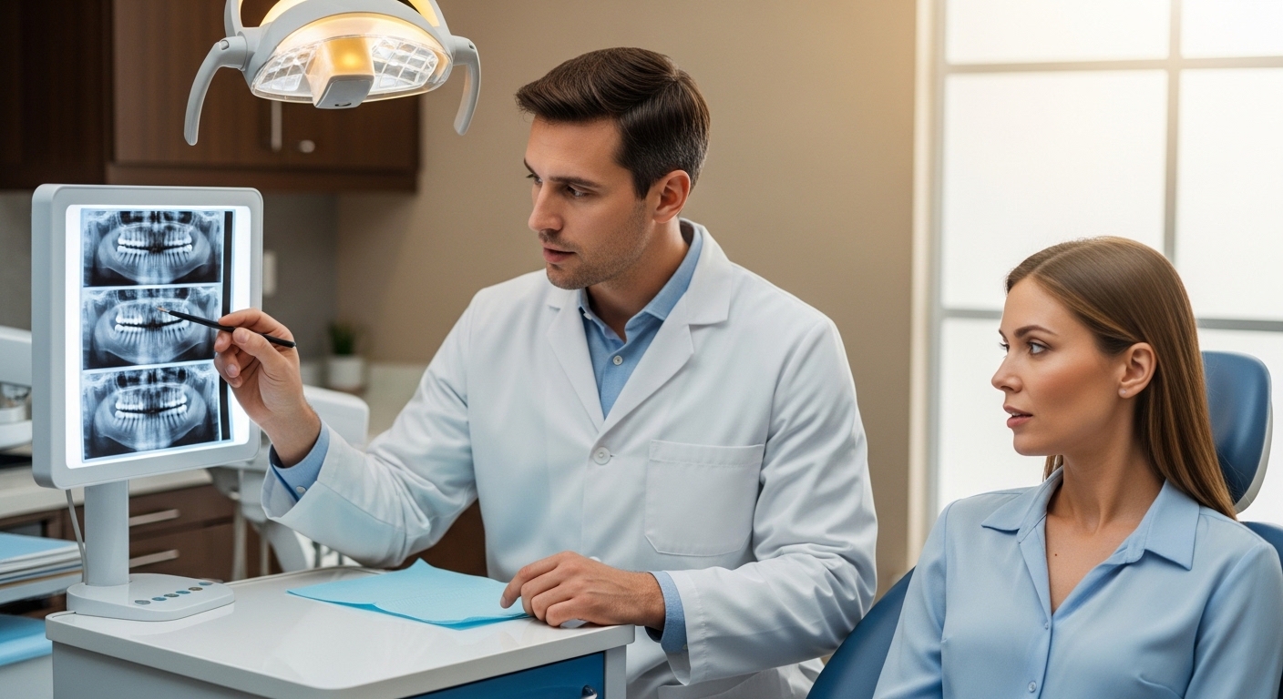 Dentist and patient discussing toothache in a modern dental office
