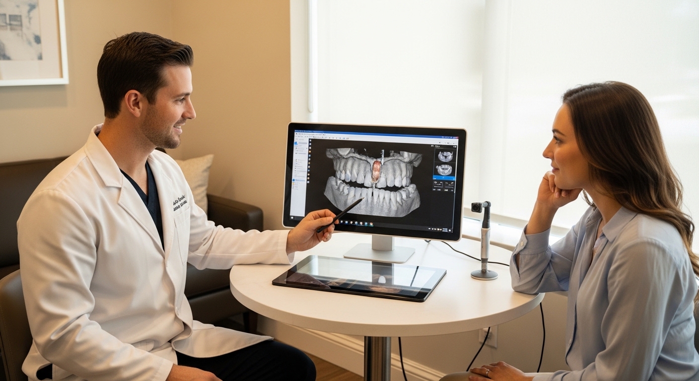 Dental office with advanced technology and a consultation scene.