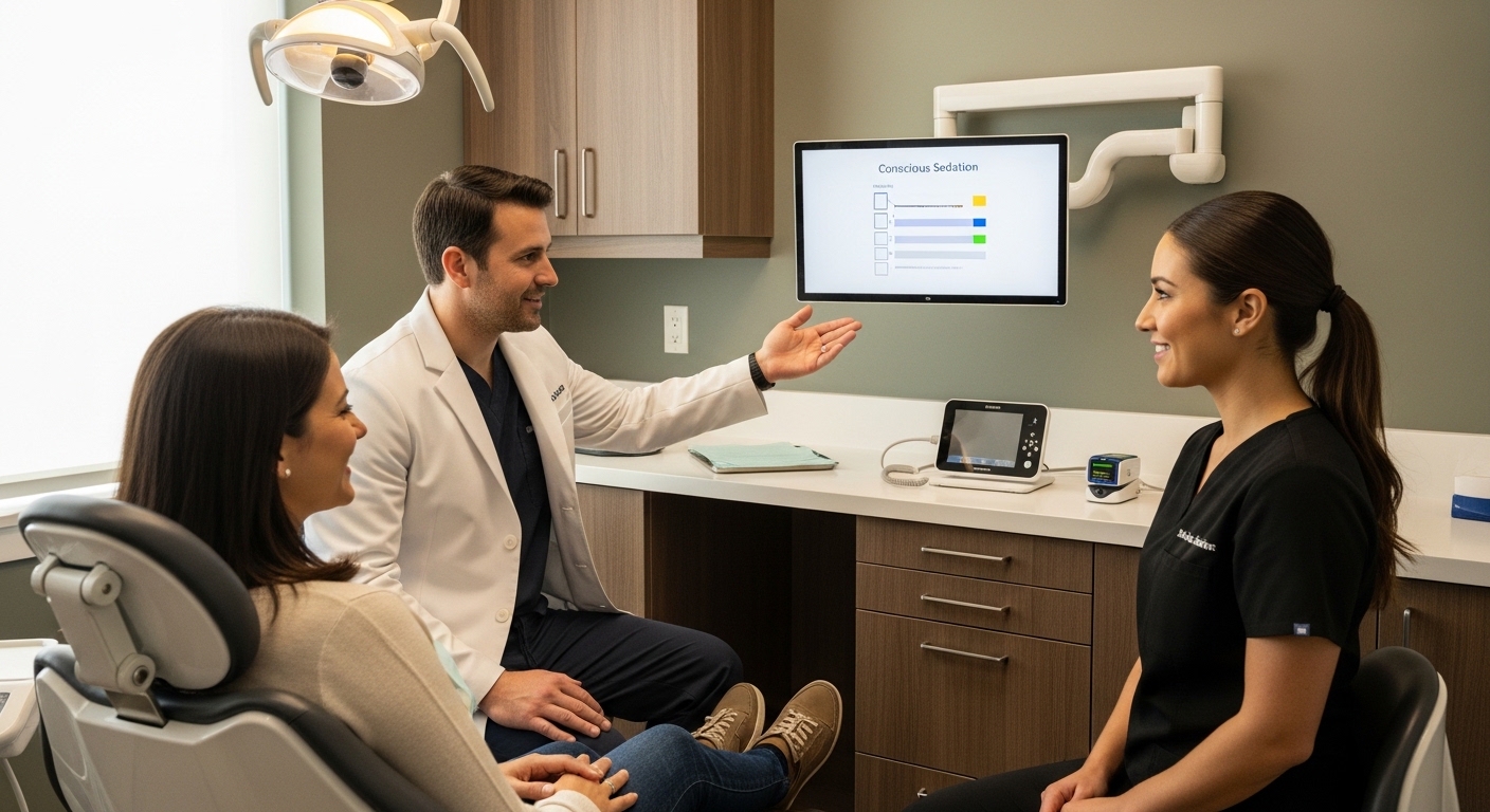 Dental patient in consultation about conscious anesthesia with dentist.