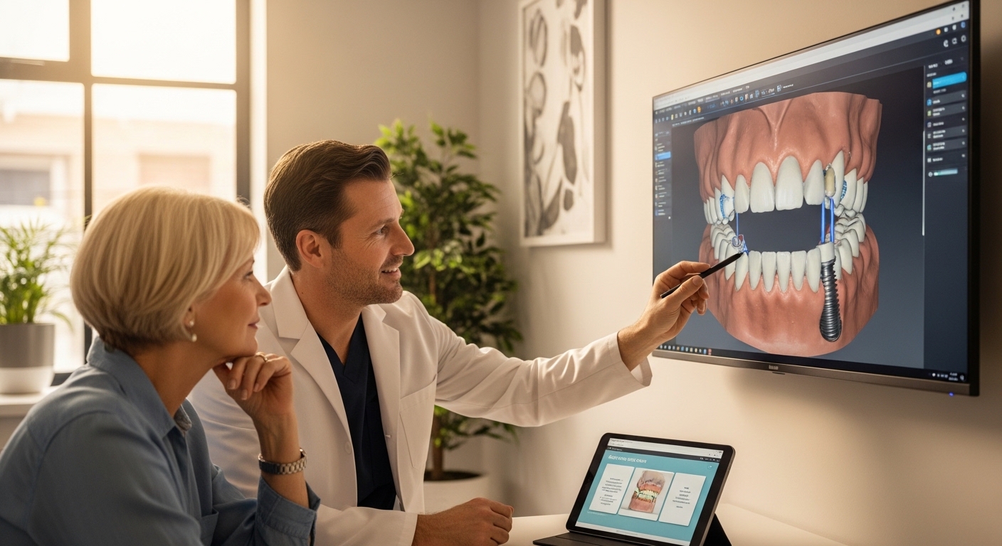 Dentist consulting patient on full mouth implants in a modern office