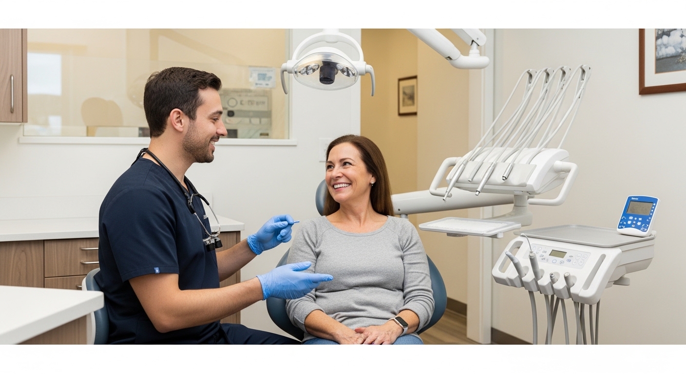 Dentist consulting with a smiling patient at a dental practice
