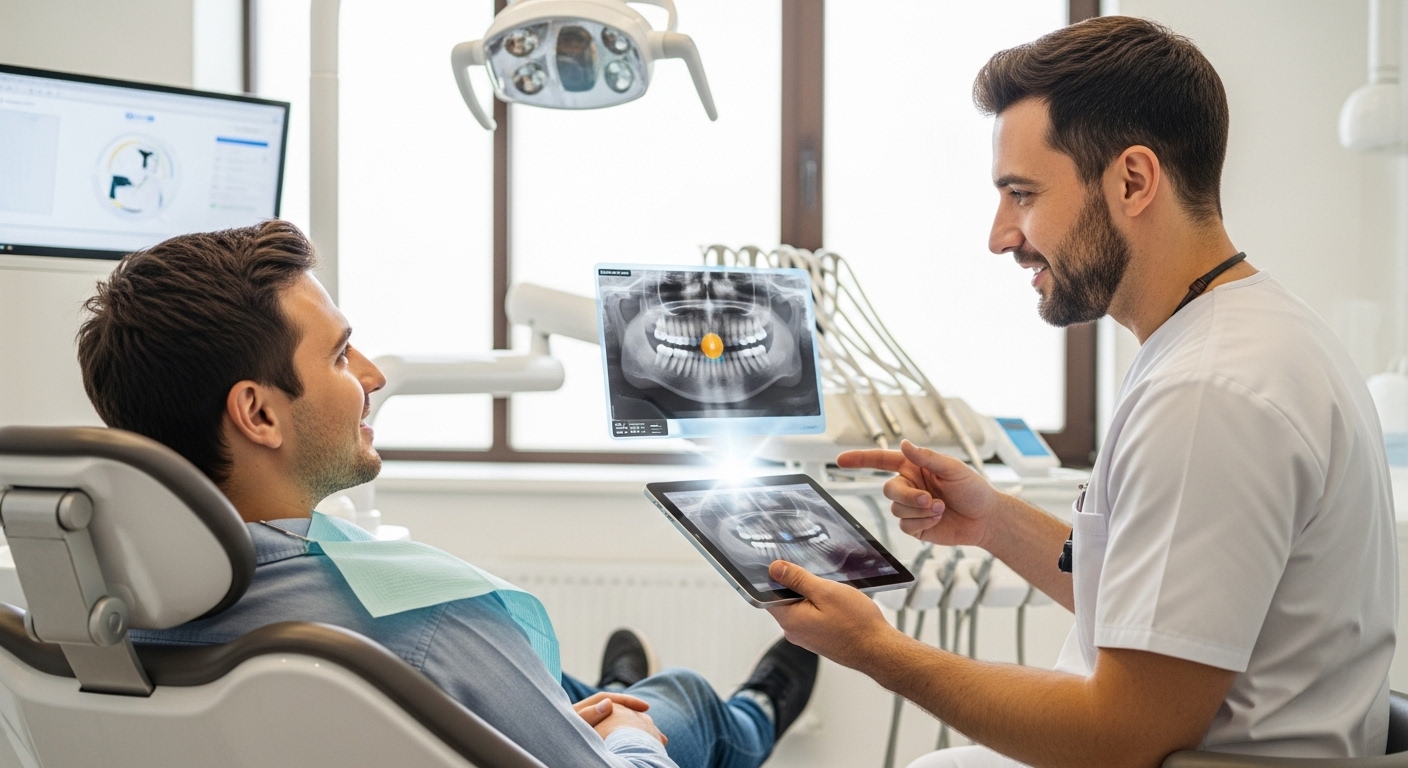 Patient in modern dental office with dentist showing x-ray images