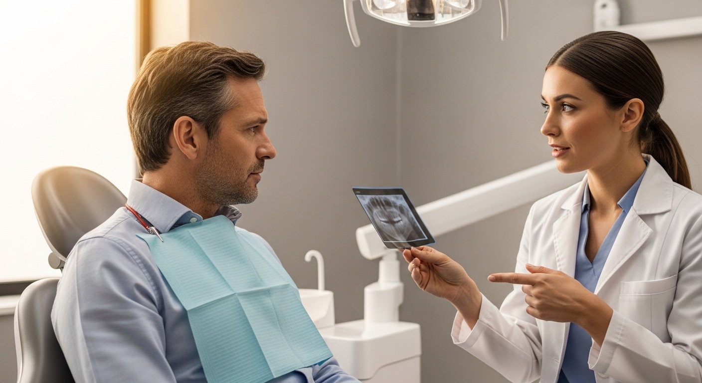 Dentist and patient in a consultation discussing dental symptoms.