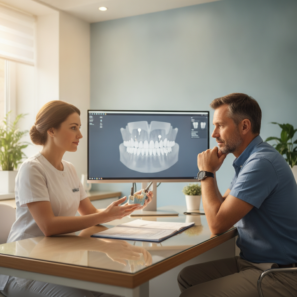 Dentist discussing dental implant costs with a patient in a modern dental office