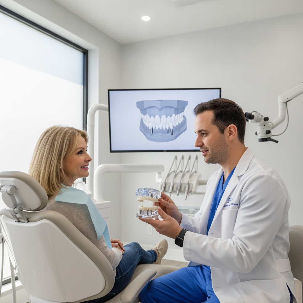 Dentist consulting with patient about All-On-4 implants in modern clinic