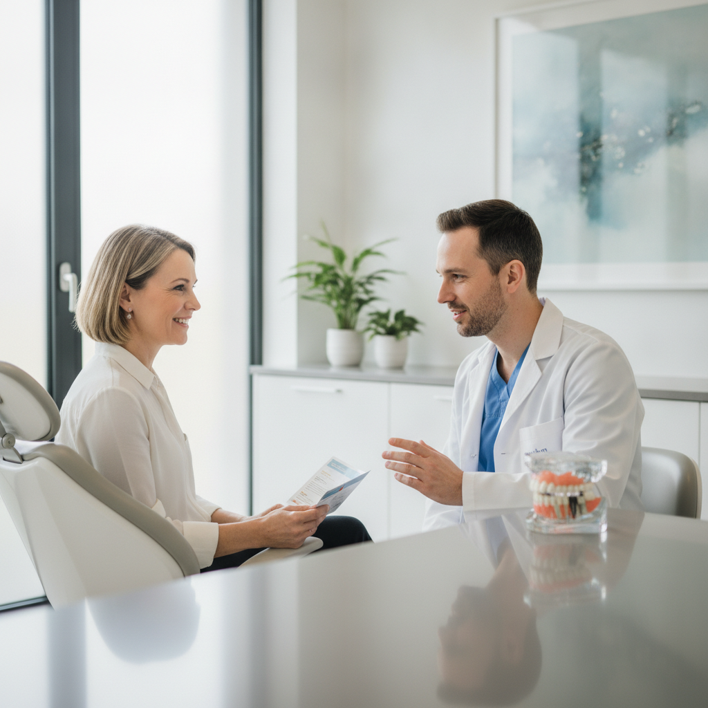 Patient and dentist discussing dental implant recovery in a modern office