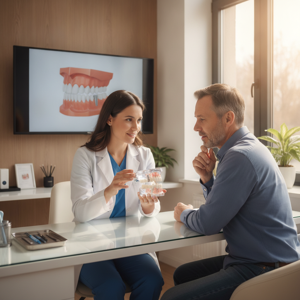 Dentist discussing implant supported dentures with a patient in a professional dental setting